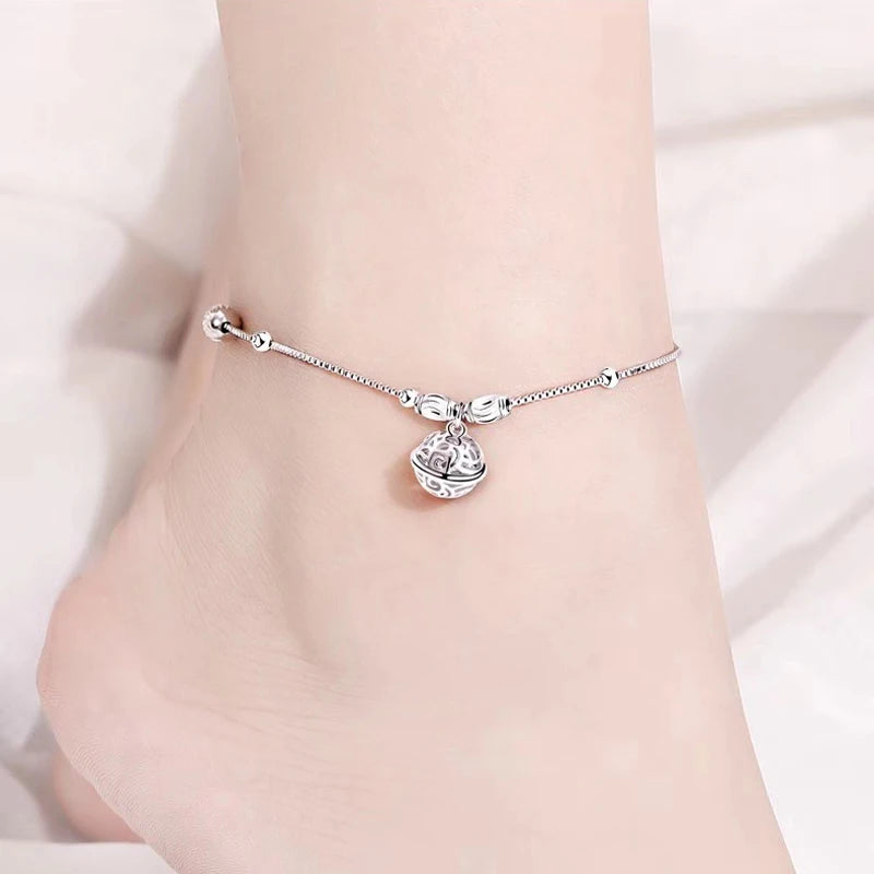 Sterling Silver Gold Braclet Women Round Bell Ball Pendant Anklets.