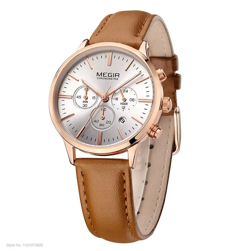 Chronograph Date Indicator Brown Leather Strap Quartz Watch for Women.