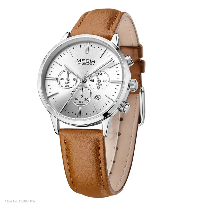 Chronograph Date Indicator Brown Leather Strap Quartz Watch for Women.