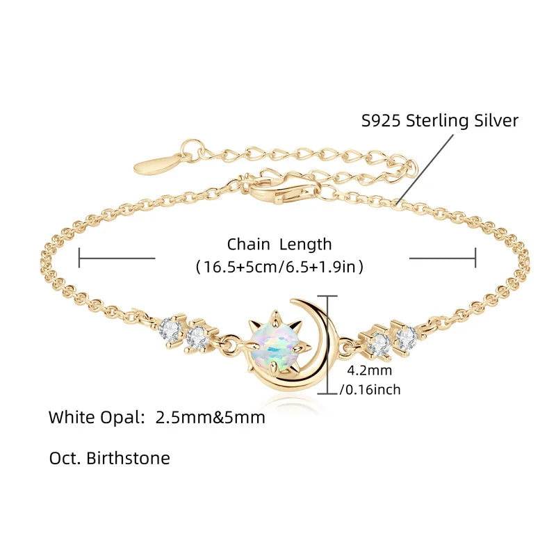 Womens White Silver Chain Opal Sun and Moon Bracelet