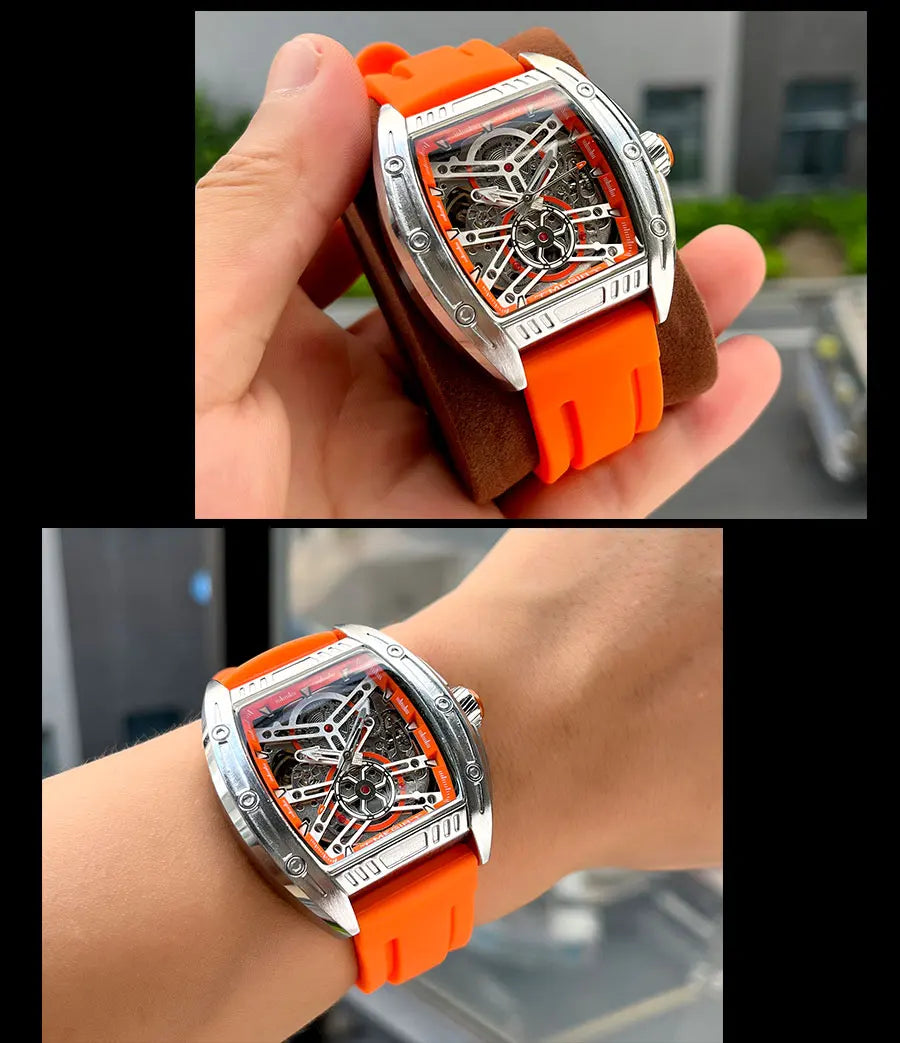 Orange Automatic Watch for Men, Military Sport Tonneau Dial.