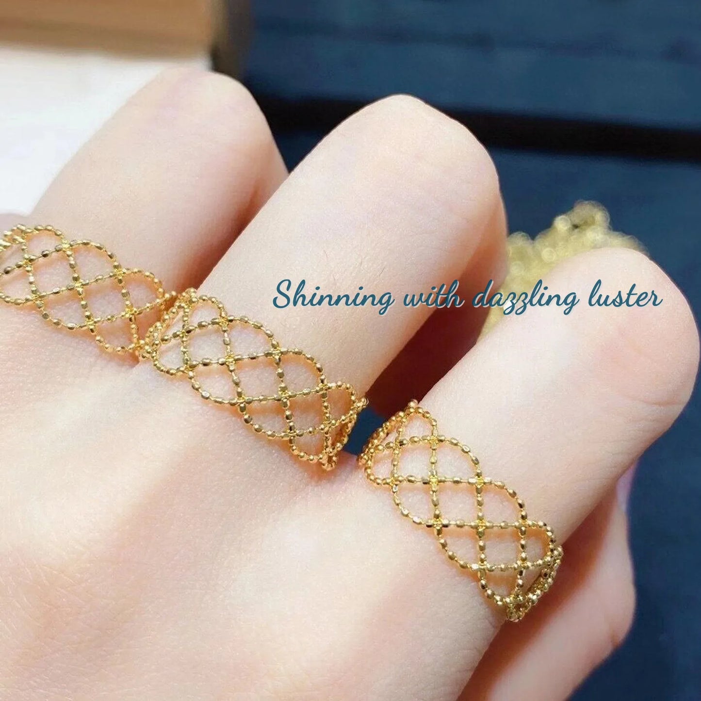 18K Gold AU750 Woven Lace Soft Ring Adjustable Hollow For Woman.