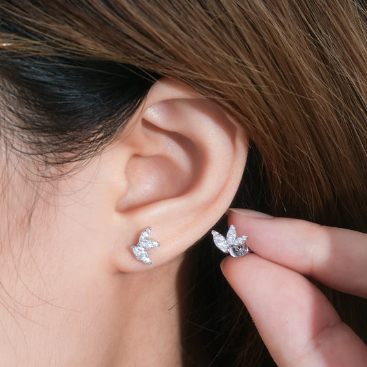 Womens Leaf-shape Moissanite Silver Mini Studs Earrings