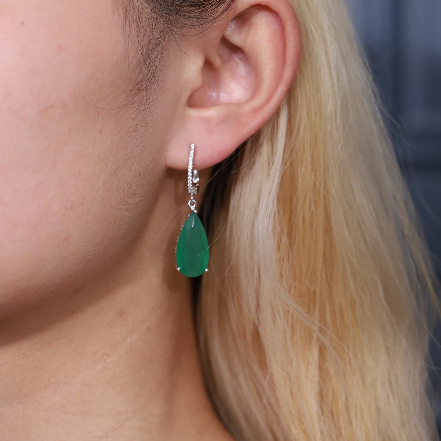 Women's 925  Sterling Silver Green Agate Drop Earrings