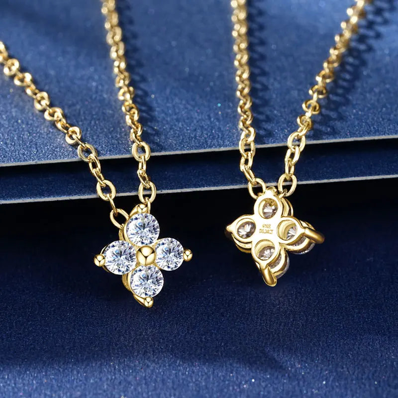 10K Gold Clover Flower Moissanite Necklace Adjustable Chain