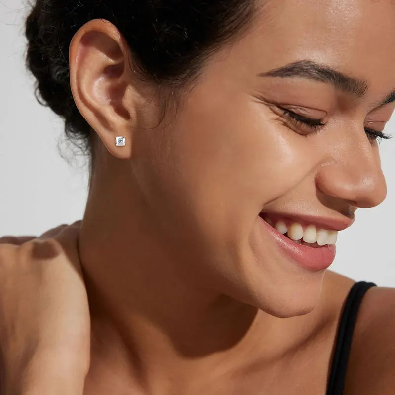 Silver Small Square Moissanite Stud Earrings for Women