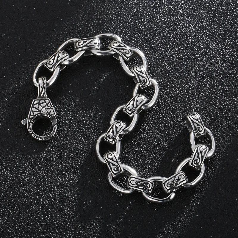 Vintage Stainless Steel Pattern Bracelet for Men 12MM Punk