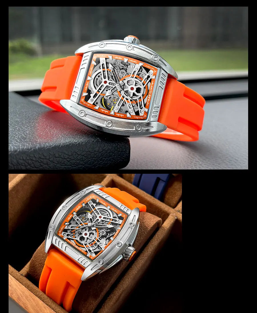 Orange Automatic Watch for Men, Military Sport Tonneau Dial.