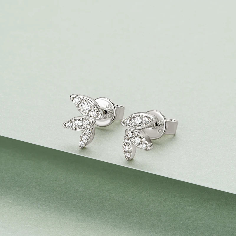 Womens Leaf-shape Moissanite Silver Mini Studs Earrings
