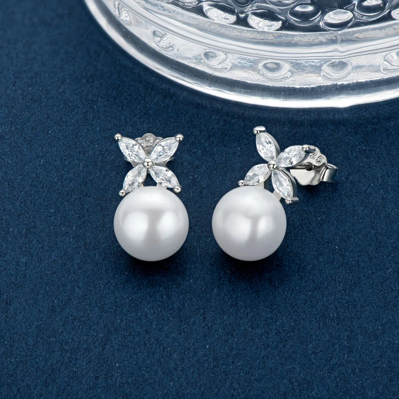 Silver Four-leaf Clover Cubic Zircon Pearl Stud Earrings