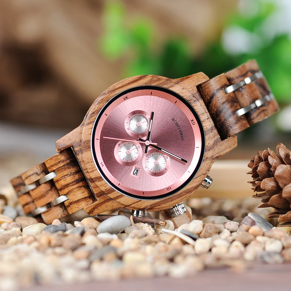 Women Chronograph Watch With Auto Date Versatile Wooden Timepieces.