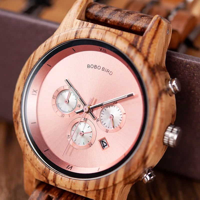 Women Chronograph Watch With Auto Date Versatile Wooden Timepieces.