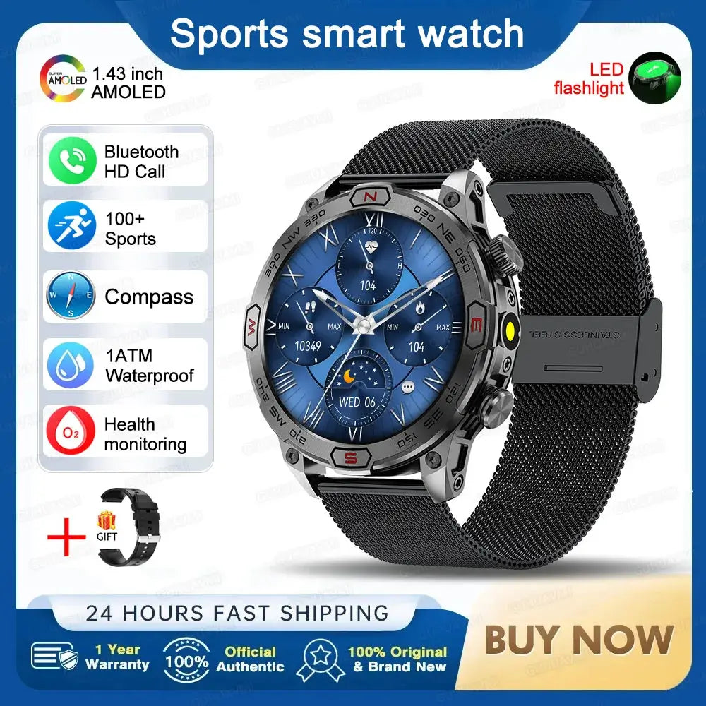 Smart Watch Mens 1.43-Inch HD AMOLED Screen GPS Compass Bluetooth. fashion smart Watch,Fit Bit Mens Watch,Mens Smart Watch