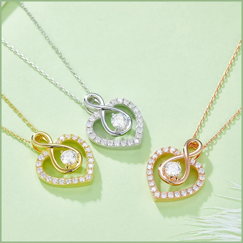 925 Sterling Silver Moissanite Heart Necklace Infinity Loop