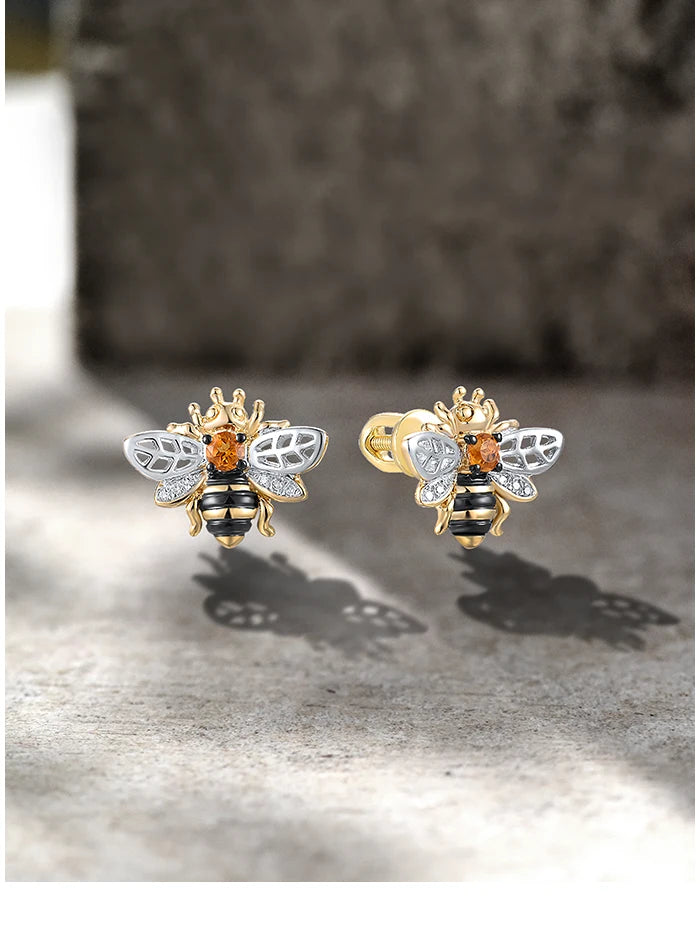 14K 585 Yellow Gold Bee Earrings For Women Citrine Diamond.