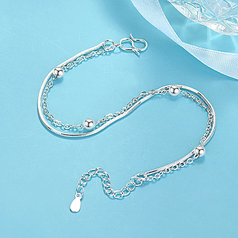 Women's Sterling Silver Bead Chain Double Layer Bracelet