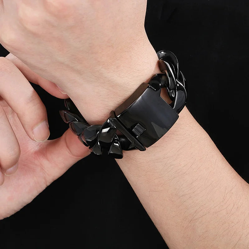 29mm Wide Cuban Chain Chunky Bracelet for Men Black Stainless Steel.