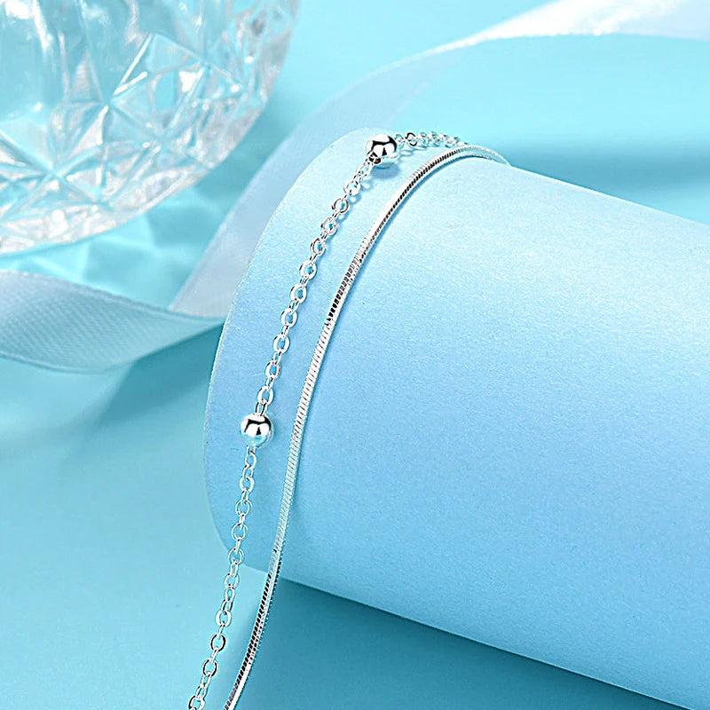 Women's Sterling Silver Bead Chain Double Layer Bracelet