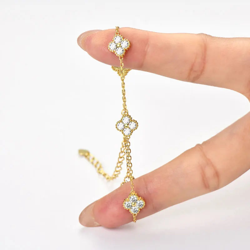 18k Gold Plated Silver Flower Clover  Moissanite Bracelet
