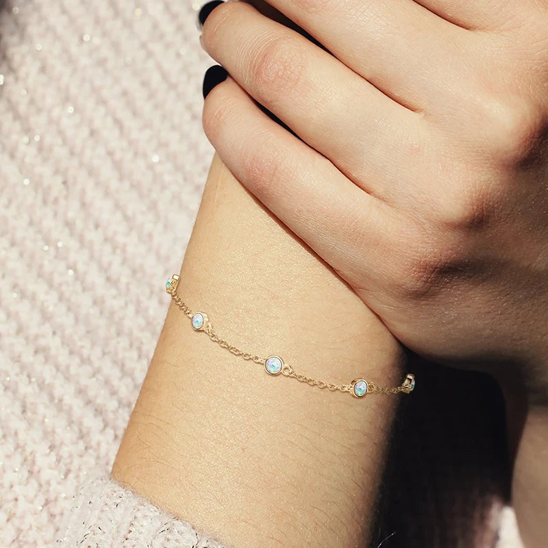 Womens Bezel Silver Adjustable Chain Opal Bracelet
