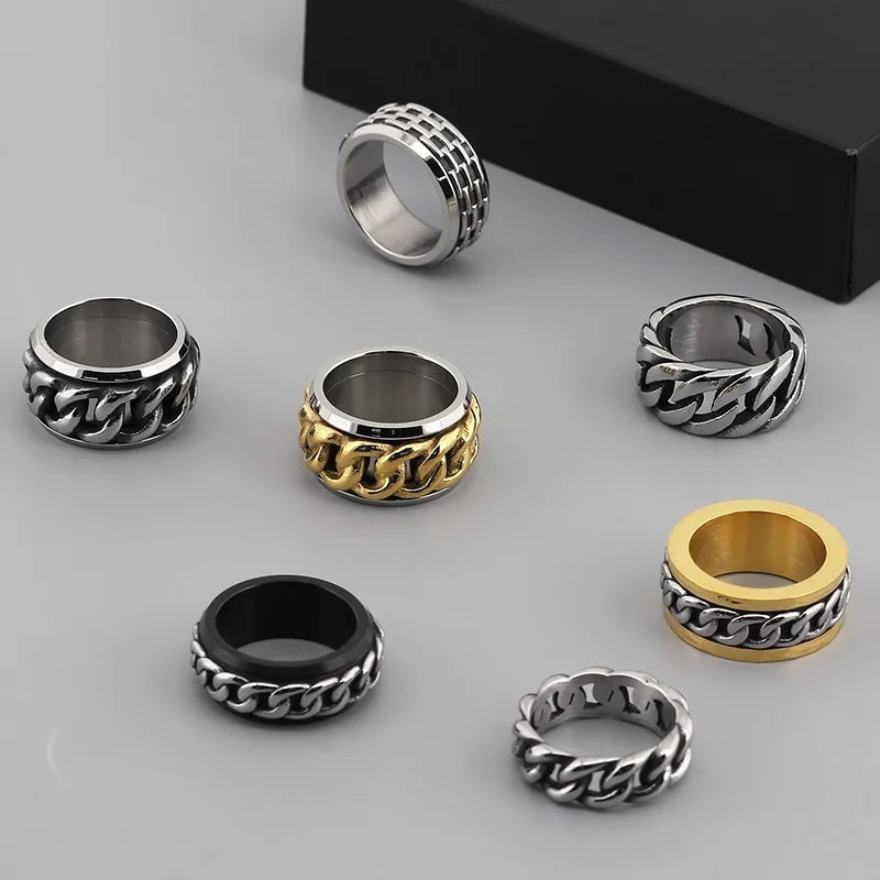 Men's Retro Stainless Steel Cubarn Chain Rotatable Ring