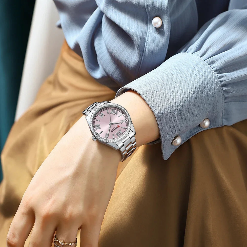Ladies Stainless Steel Silver Rhinestone Dial Quartz Watch