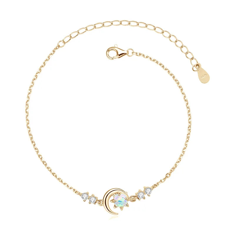 Womens White Silver Chain Opal Sun and Moon Bracelet