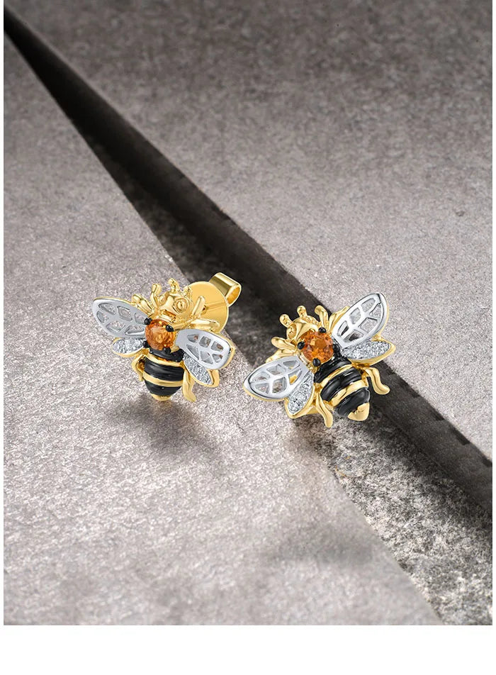 14K 585 Yellow Gold Bee Earrings For Women Citrine Diamond.