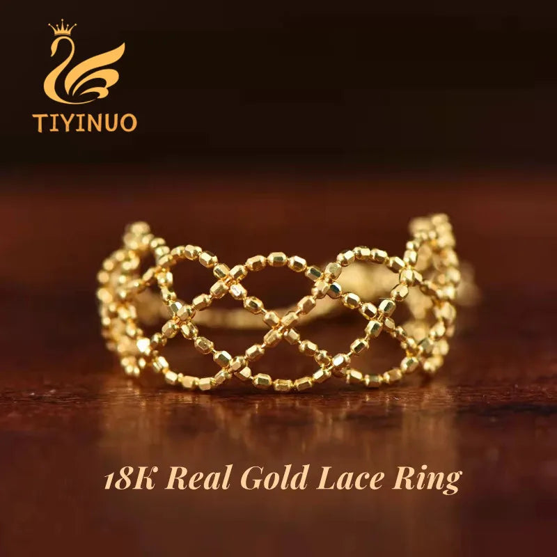 18K Gold AU750 Woven Lace Soft Ring Adjustable Hollow For Woman.