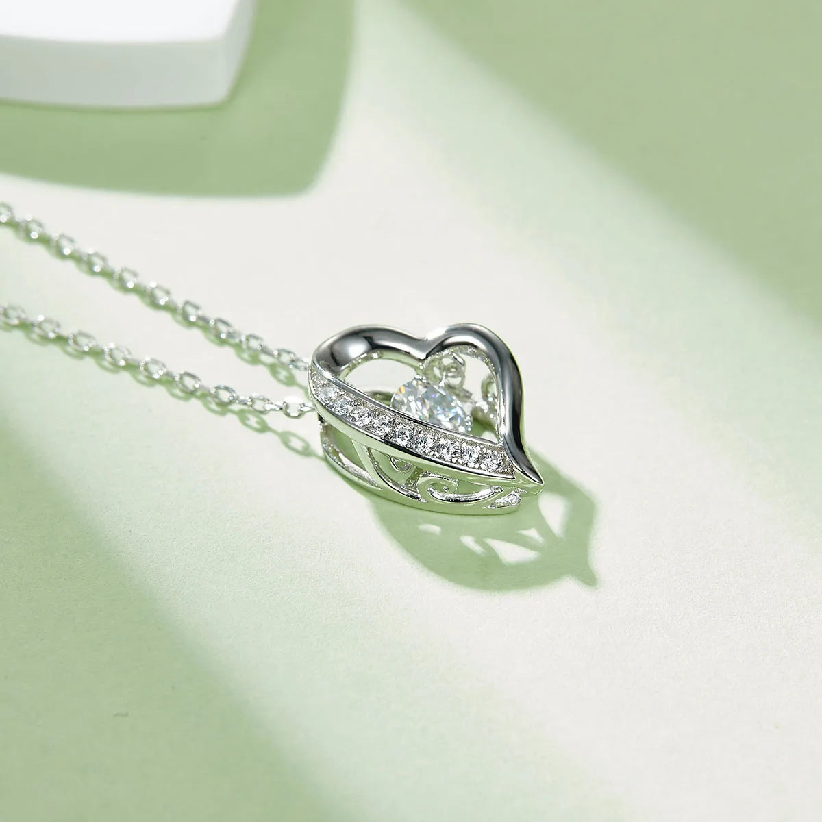Women's Silver Moissanite Dancing Diamond  Heart Necklace