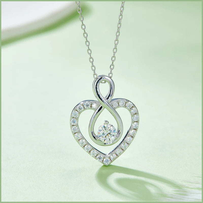 925 Sterling Silver Moissanite Heart Necklace Infinity Loop
