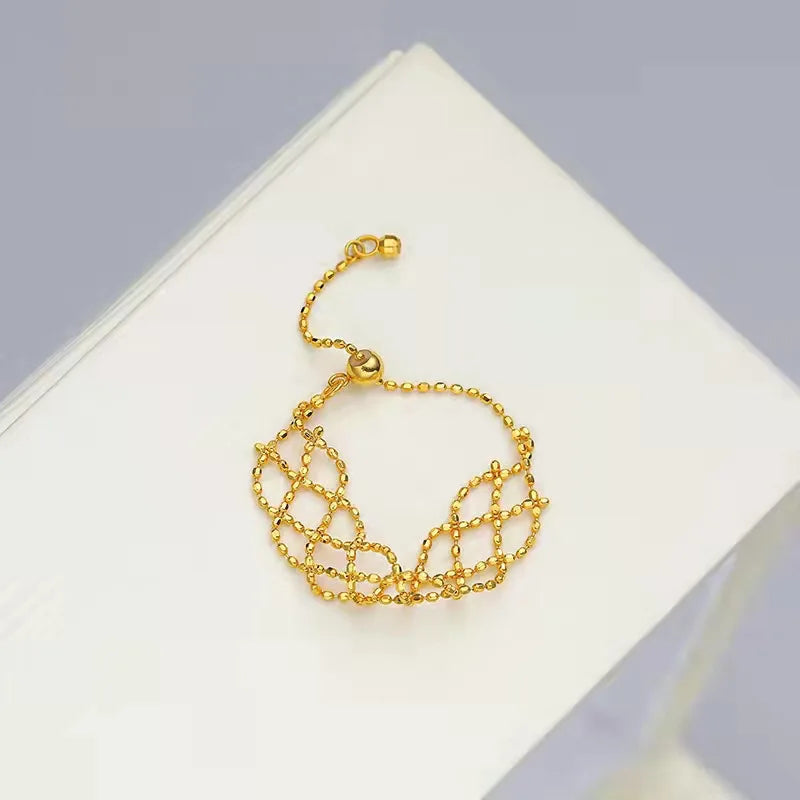 18K Gold AU750 Woven Lace Soft Ring Adjustable Hollow For Woman.