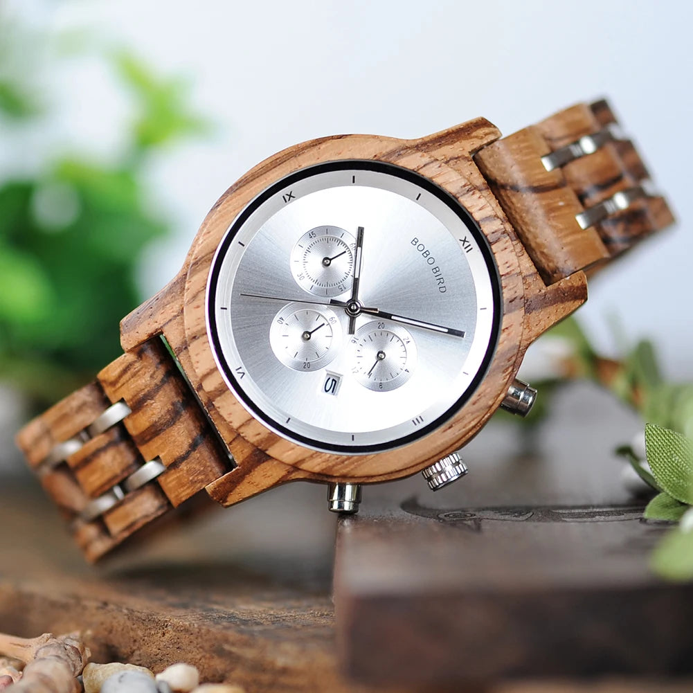 Women Chronograph Watch With Auto Date Versatile Wooden Timepieces.