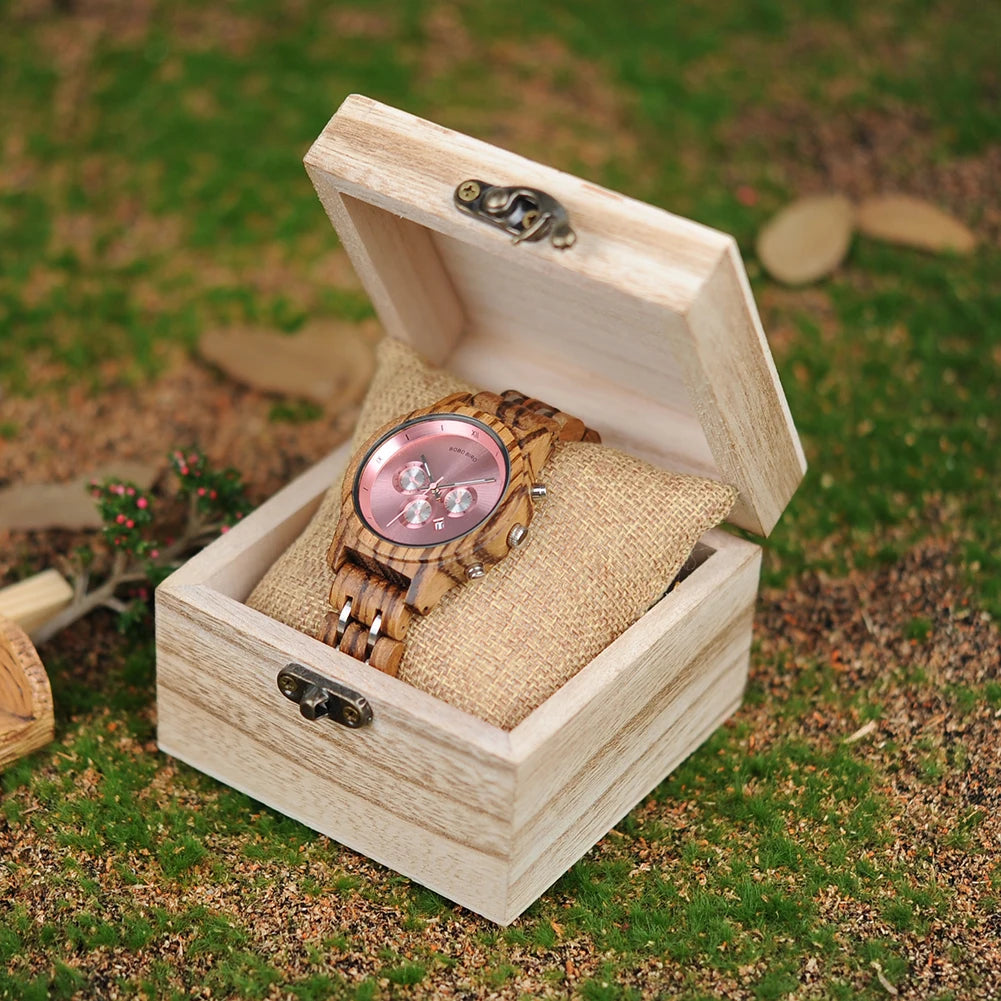 Women Chronograph Watch With Auto Date Versatile Wooden Timepieces.