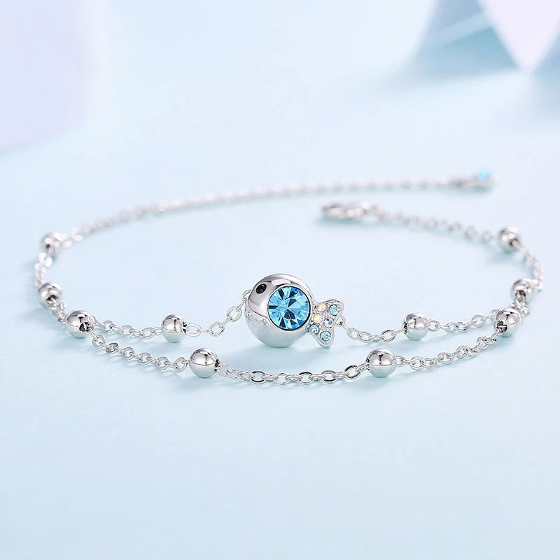 925 Sterling Silver Blue Zircon Double Layer Anklets