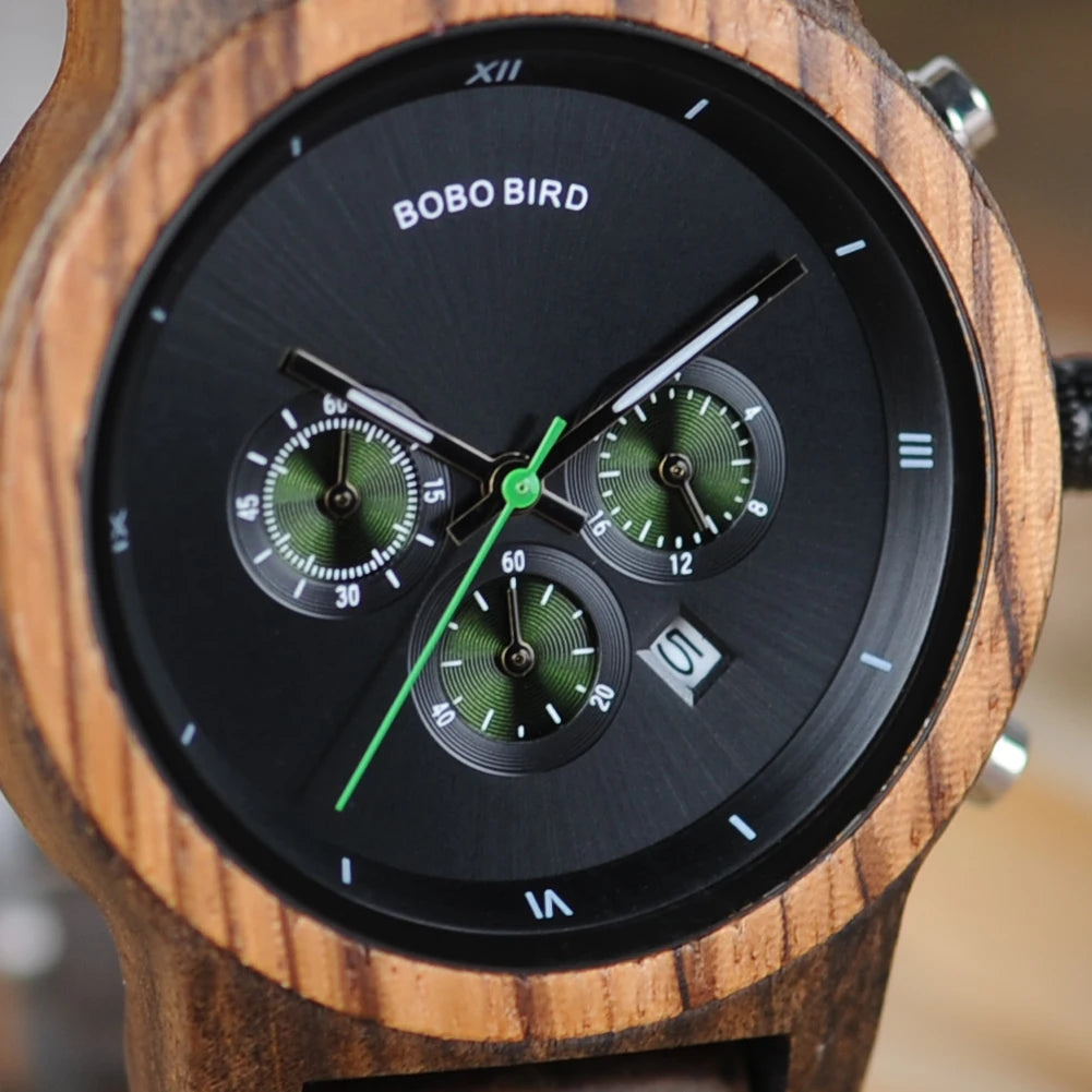 Women Chronograph Watch With Auto Date Versatile Wooden Timepieces.