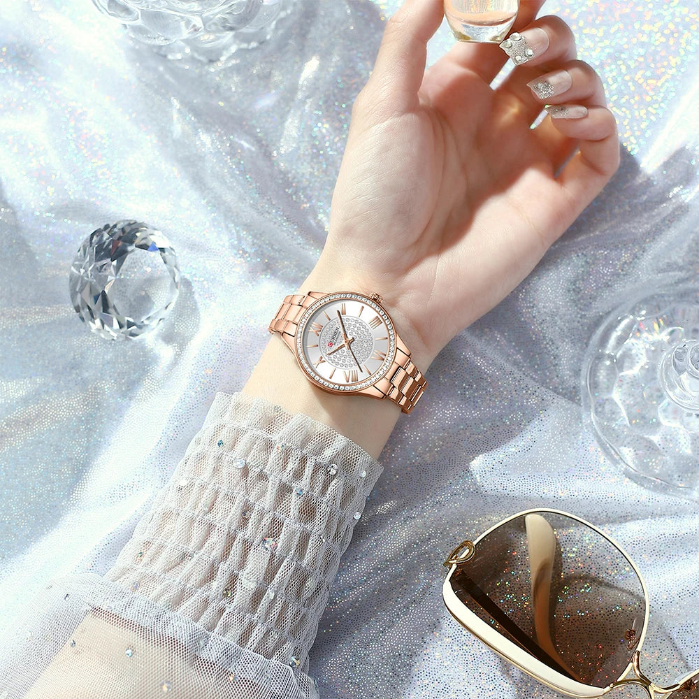 Womens  Stainless Steel Rose Gold Luminous Quartz watch