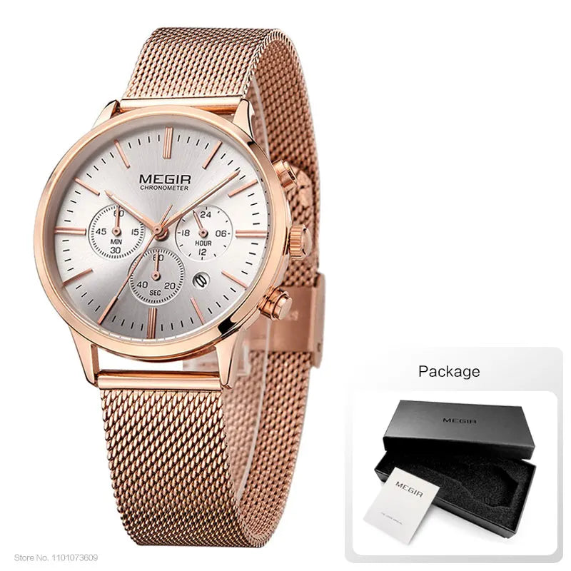 Women's Stainless Steel Mesh Bracelete Quartz Watch Chronograph Watch.