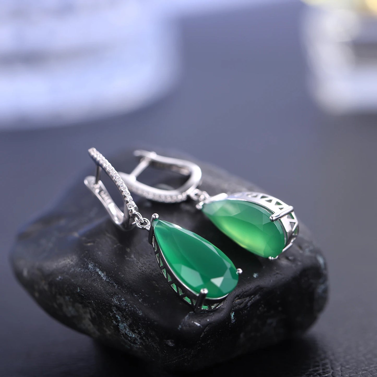 Women's 925  Sterling Silver Green Agate Drop Earrings
