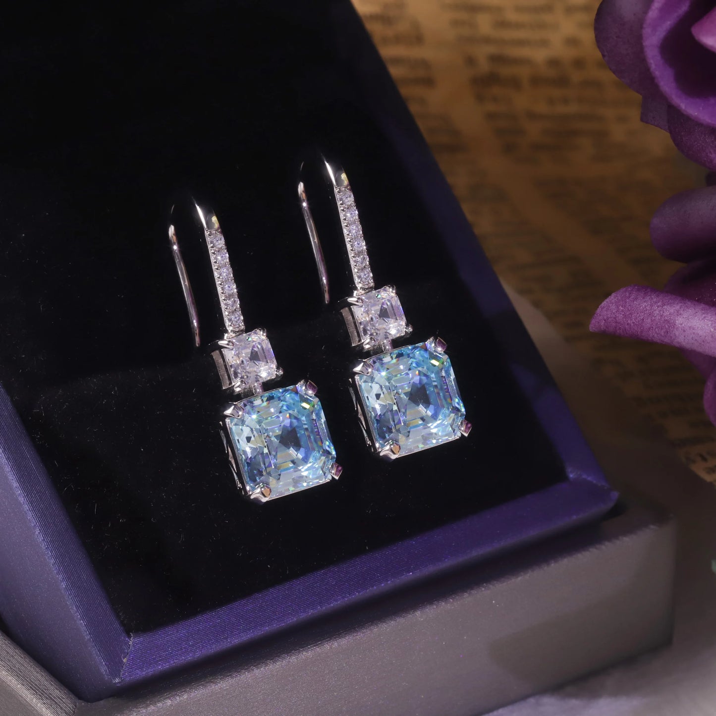 Women's Sterling Silver Gold Plated Diamond Blue Earrings