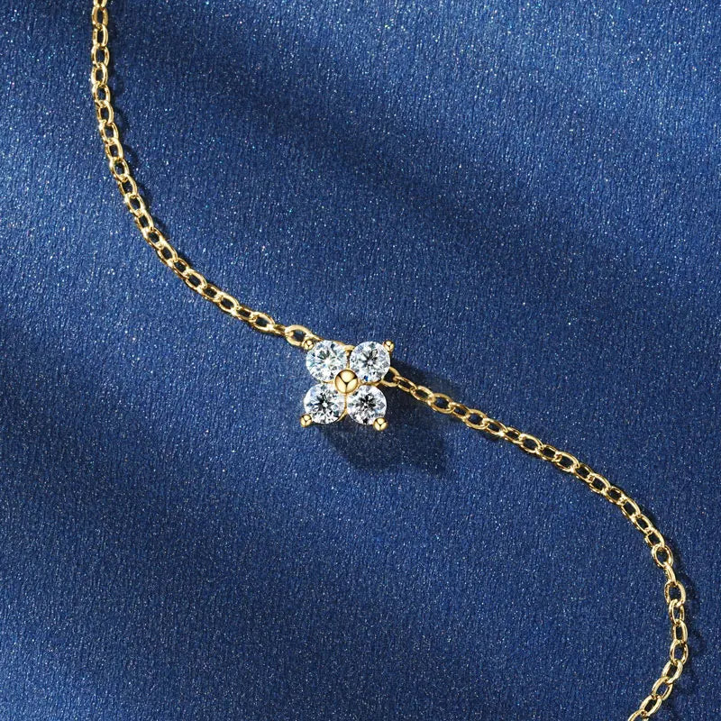 10K Gold Clover Flower Moissanite Necklace Adjustable Chain