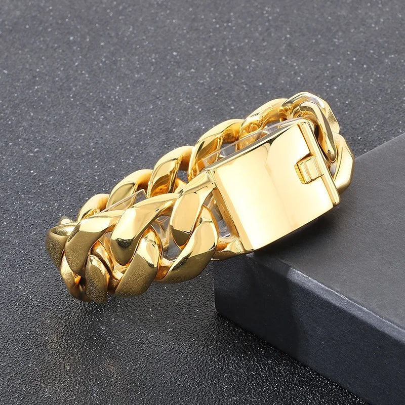 24mm 316L Stainless Steel Cuban Chain Mens Bracelet Black/Gold Color.