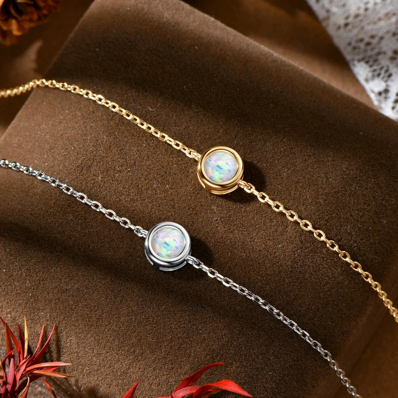 Womens Opal Solitaire Adjustable 925 Silver Chain Bracelet