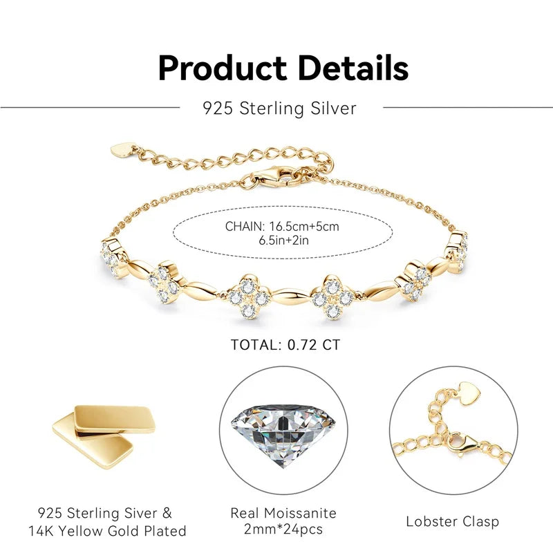 Silver 18k Moissanite Gold Plated Flower Bracelet for Women