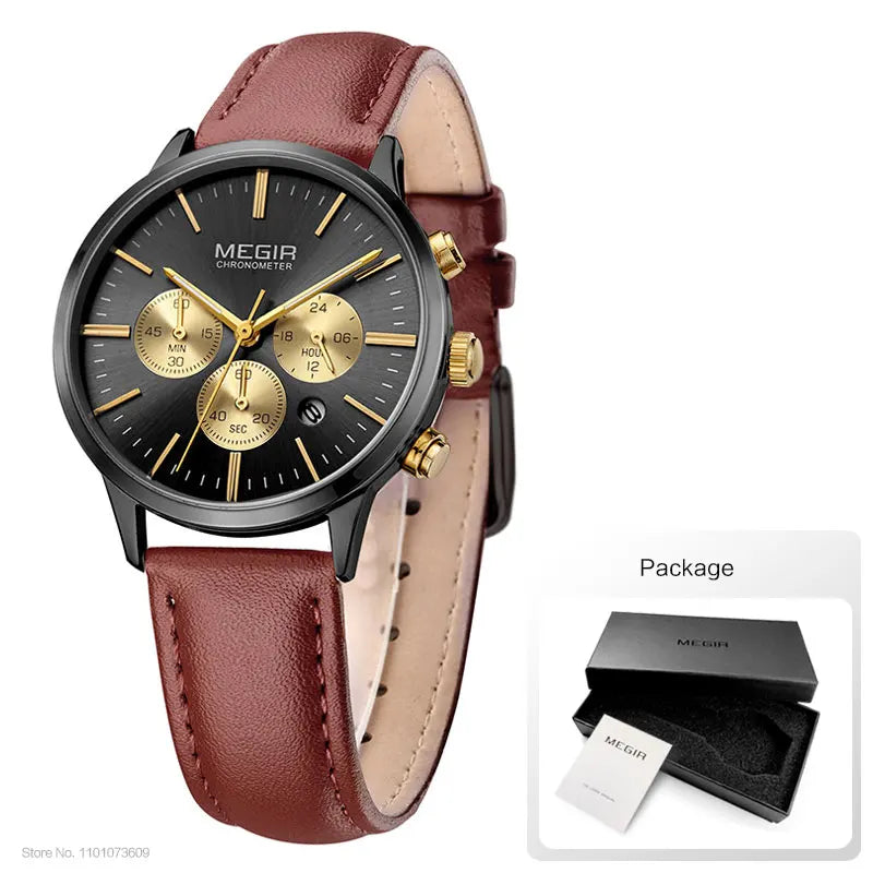 Chronograph Date Indicator Brown Leather Strap Quartz Watch for Women.