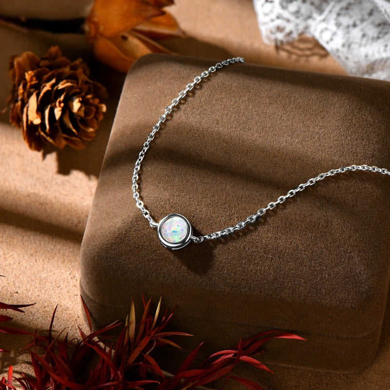 Womens Opal Solitaire Adjustable 925 Silver Chain Bracelet