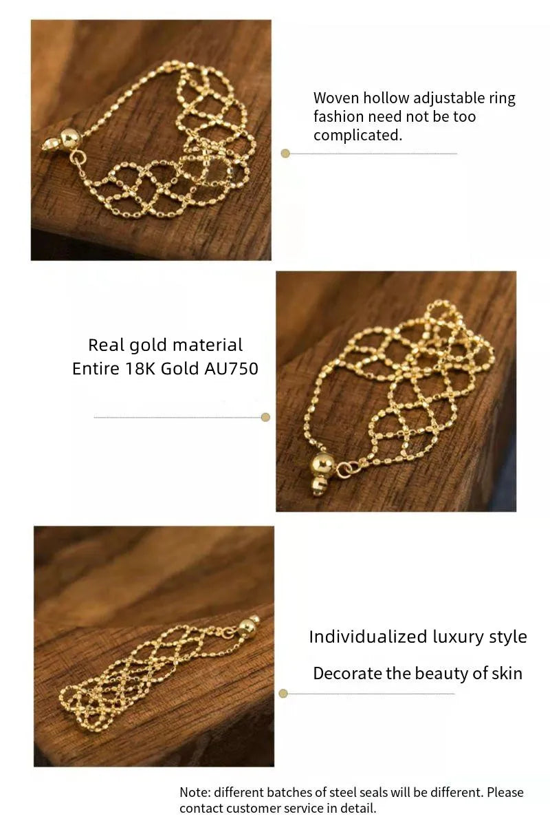 18K Gold AU750 Woven Lace Soft Ring Adjustable Hollow For Woman.