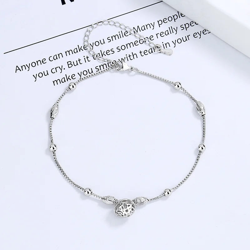 Sterling Silver Gold Braclet Women Round Bell Ball Pendant Anklets.