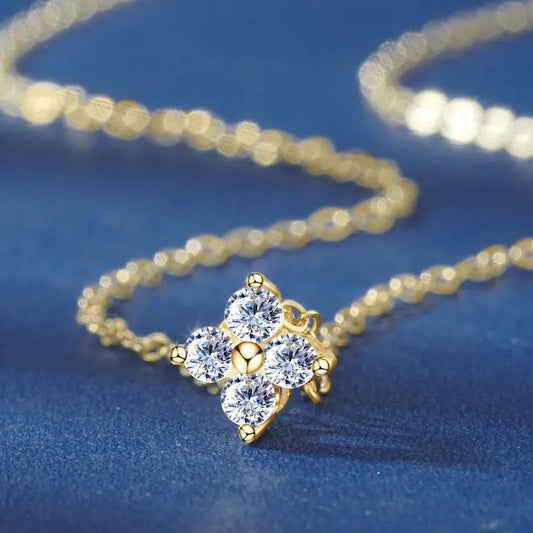 10K Gold Clover Flower Moissanite Necklace Adjustable Chain