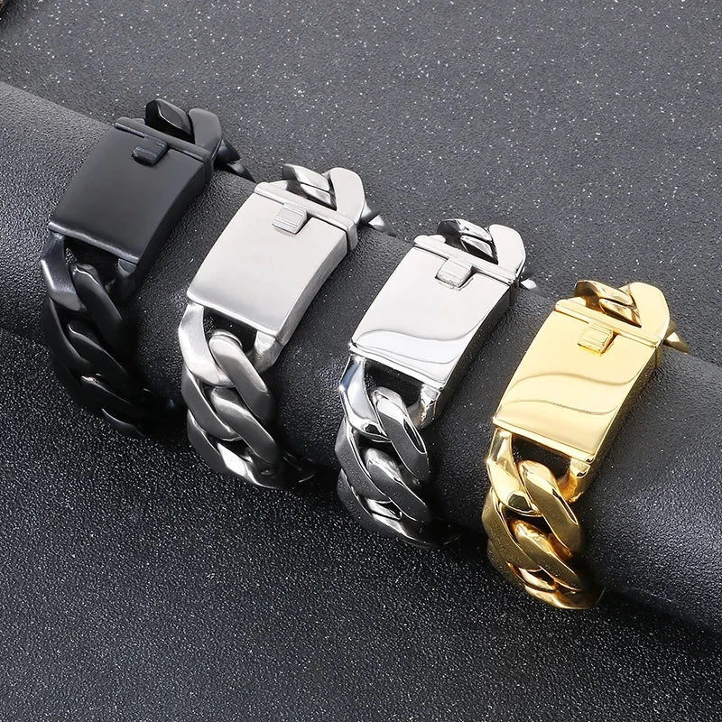 24mm 316L Stainless Steel Cuban Chain Mens Bracelet Black/Gold Color.